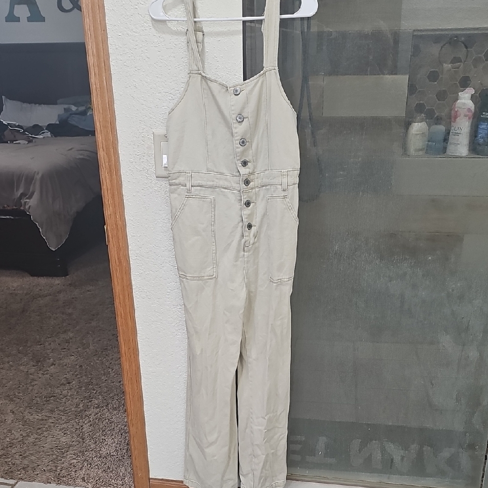 0Light Beige Button-Front Overalls